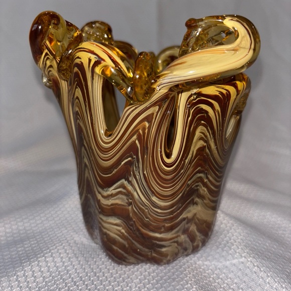 Murano Glass Small Vase Made In Italy White Chrystal Caramel Swirl Gold Bowl
